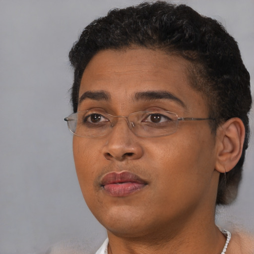 Neutral black young-adult female with short  brown hair and brown eyes