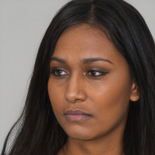 Neutral asian young-adult female with long  black hair and brown eyes
