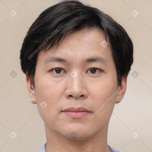 Neutral asian young-adult male with short  black hair and brown eyes