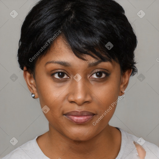 Joyful asian young-adult female with short  black hair and brown eyes