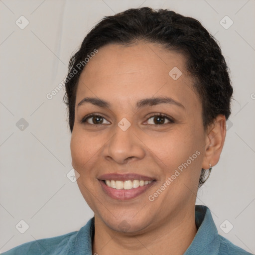 Joyful white young-adult female with short  brown hair and brown eyes