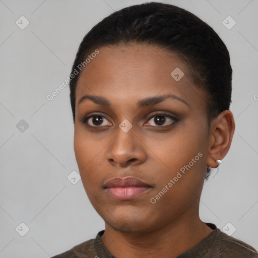 Neutral black young-adult female with short  black hair and brown eyes