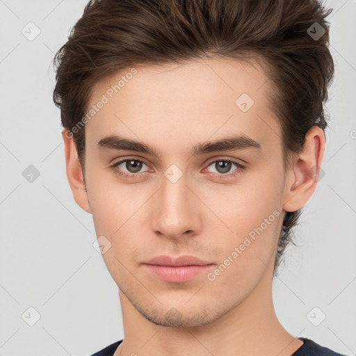 Neutral white young-adult male with short  brown hair and brown eyes