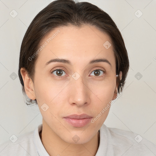 Neutral white young-adult female with medium  brown hair and brown eyes