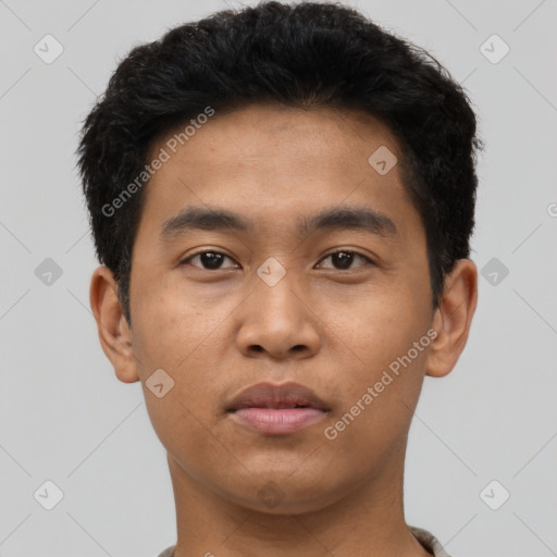 Neutral asian young-adult male with short  brown hair and brown eyes