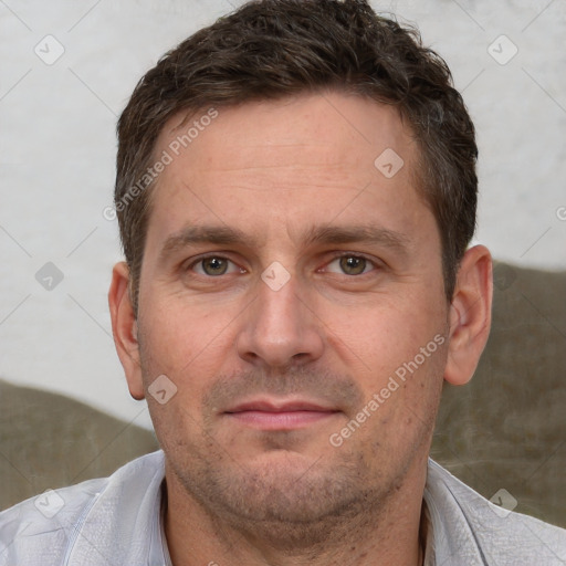 Neutral white adult male with short  brown hair and brown eyes