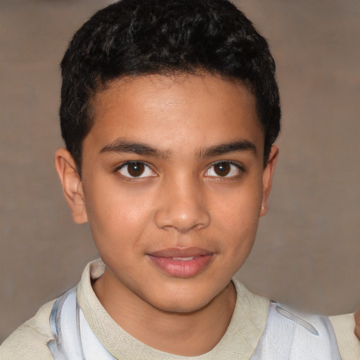 Joyful latino young-adult male with short  brown hair and brown eyes