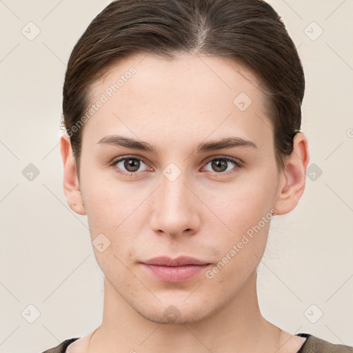 Neutral white young-adult female with short  brown hair and brown eyes