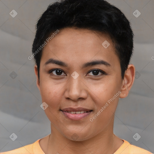 Joyful asian young-adult female with short  black hair and brown eyes