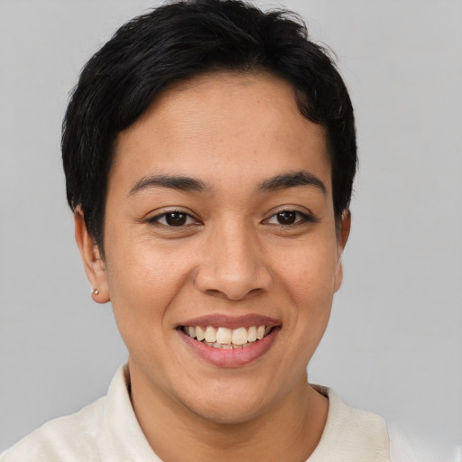 Joyful asian young-adult female with short  black hair and brown eyes
