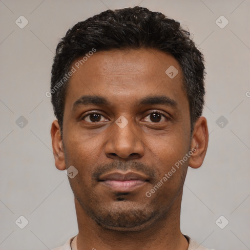 Neutral latino young-adult male with short  black hair and brown eyes
