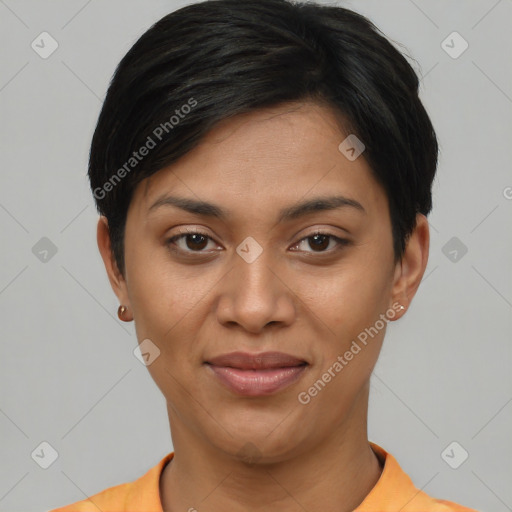 Joyful asian young-adult female with short  black hair and brown eyes