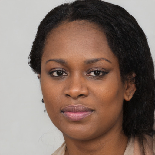 Neutral black young-adult female with long  black hair and brown eyes