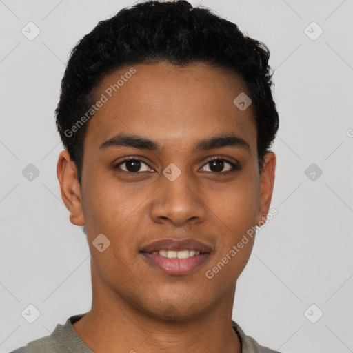 Joyful black young-adult male with short  black hair and brown eyes