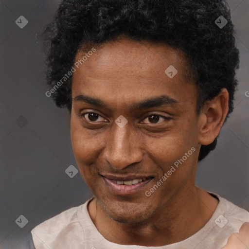 Joyful latino young-adult male with short  brown hair and brown eyes
