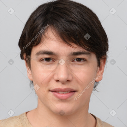 Joyful white young-adult male with medium  brown hair and brown eyes