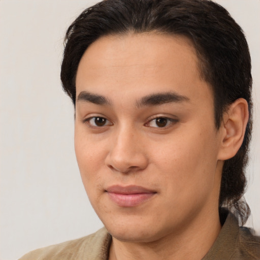 Joyful white young-adult male with medium  brown hair and brown eyes