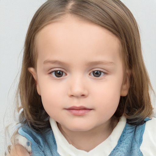 Neutral white child female with medium  brown hair and blue eyes