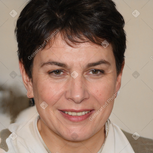 Joyful white adult female with medium  brown hair and brown eyes