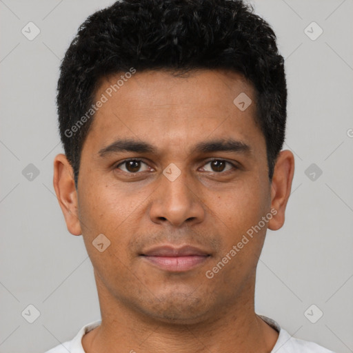 Neutral latino young-adult male with short  black hair and brown eyes