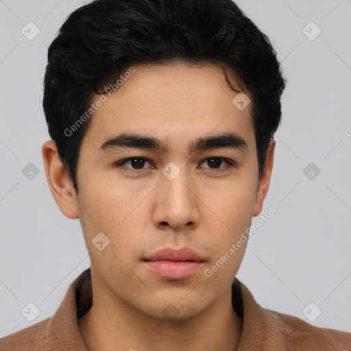 Neutral latino young-adult male with short  brown hair and brown eyes