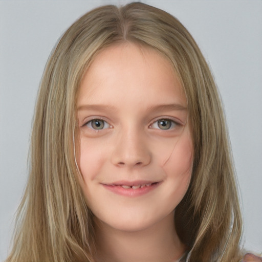 Joyful white young-adult female with long  brown hair and blue eyes