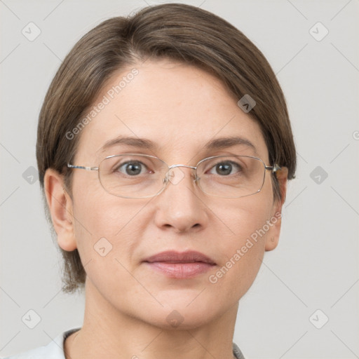 Joyful white adult female with short  brown hair and grey eyes