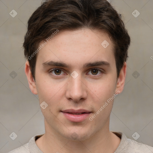 Neutral white young-adult male with short  brown hair and brown eyes