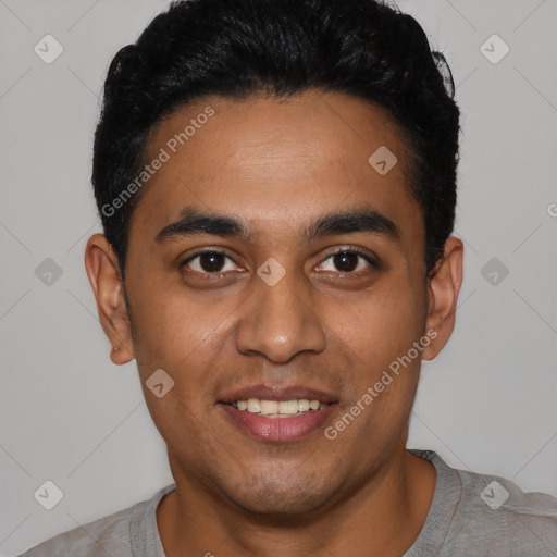 Joyful latino young-adult male with short  black hair and brown eyes