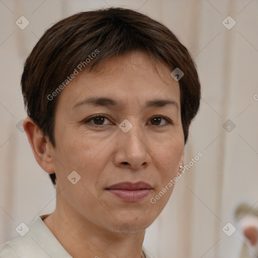 Joyful white adult female with short  brown hair and brown eyes