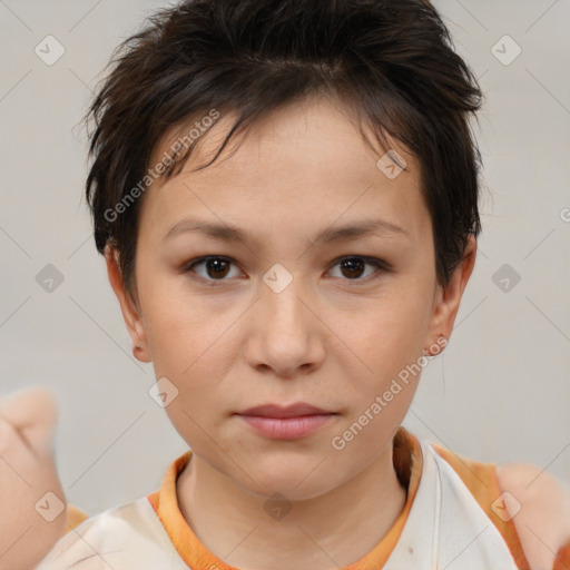 Neutral white young-adult female with short  brown hair and brown eyes