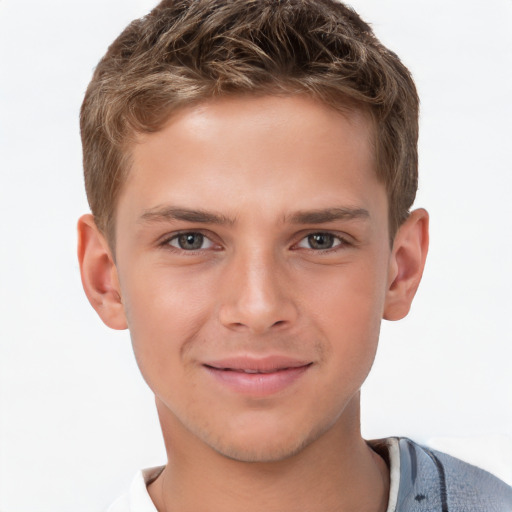 Joyful white child male with short  brown hair and grey eyes