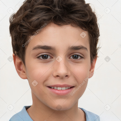 Joyful white child male with short  brown hair and brown eyes