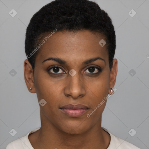 Neutral black young-adult female with short  brown hair and brown eyes