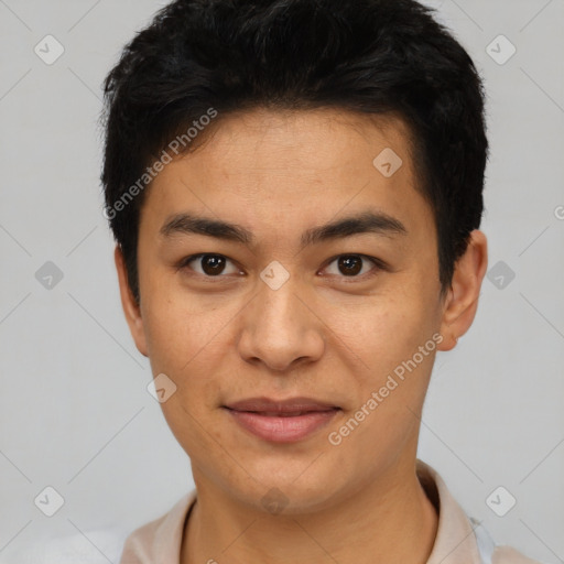 Joyful latino young-adult male with short  black hair and brown eyes