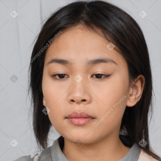 Neutral asian young-adult female with medium  brown hair and brown eyes