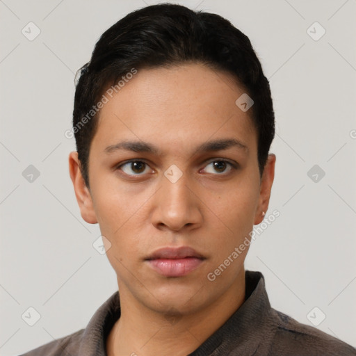Neutral asian young-adult male with short  black hair and brown eyes
