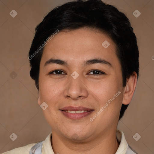 Joyful white adult female with short  brown hair and brown eyes