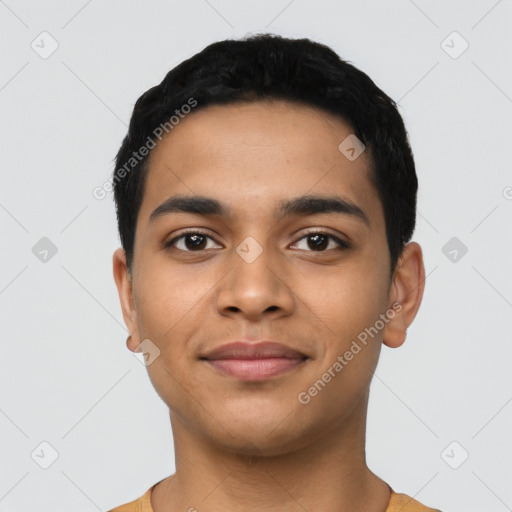 Neutral latino young-adult male with short  black hair and brown eyes