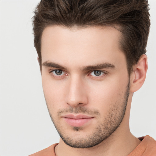 Neutral white young-adult male with short  brown hair and brown eyes