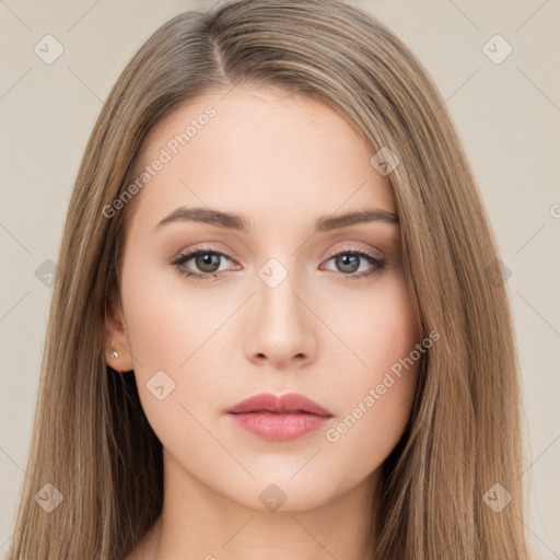 Neutral white young-adult female with long  brown hair and brown eyes