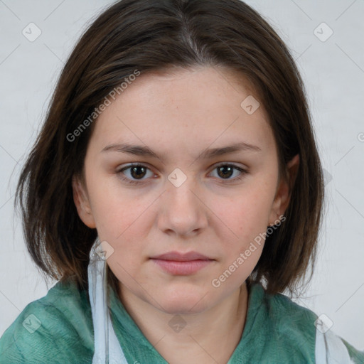 Neutral white young-adult female with medium  brown hair and brown eyes