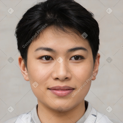 Joyful asian young-adult female with short  brown hair and brown eyes