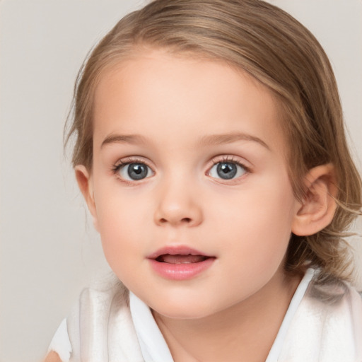 Neutral white child female with medium  brown hair and blue eyes