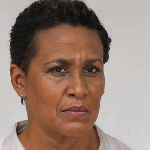 Joyful black adult female with short  brown hair and brown eyes