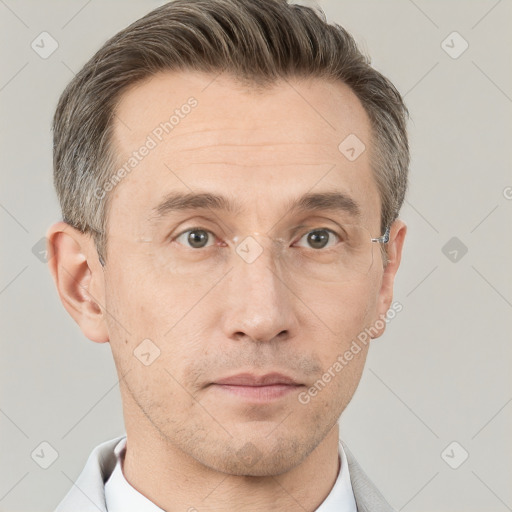 Neutral white adult male with short  brown hair and brown eyes