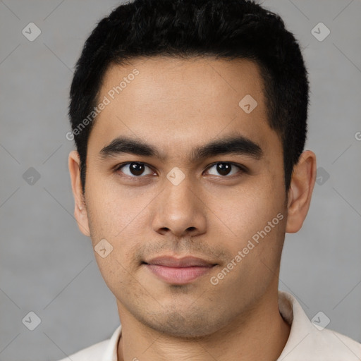 Neutral latino young-adult male with short  black hair and brown eyes