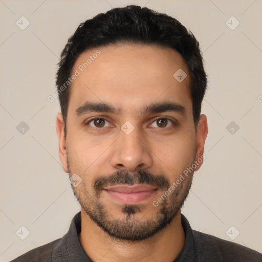 Neutral latino young-adult male with short  black hair and brown eyes