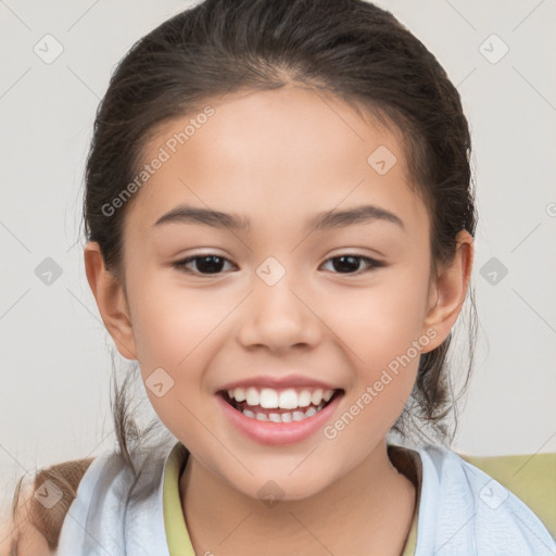 Joyful white child female with medium  brown hair and brown eyes