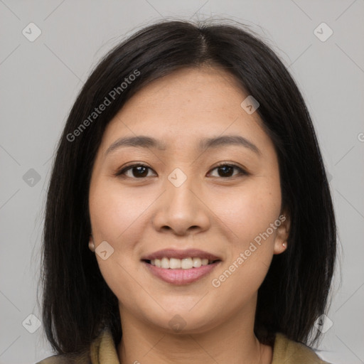 Joyful asian young-adult female with medium  brown hair and brown eyes